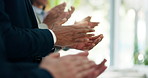 Hands, applause and team in office with success, praise or support for achievement with legal case. Business people, staff and cheers with clapping, celebration and goals with motivation at law firm