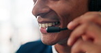 Happy, customer service and person with mic, telemarketing and sales with tech in call centre or mouth. Business, closeup and representative with headset for discussion, employee and communication