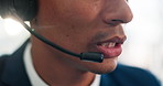 Call centre, telemarketing and person with mic, mouth and customer service with tech in office or sales. Business, closeup and representative with headset for discussion, employee and communication