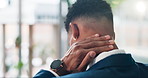 Back, business and man with neck pain, stress and inflammation with muscle tension. Person, financial advisor and employee with strain, overworked and burnout with joint injury, bruise or health risk