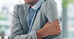 Hand, shoulder pain and tendinitis with business person in office for massage or relief closeup. Accident, fatigue or injury and corporate employee in workplace with inflammation or muscle swelling