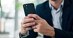 Business, hands and man with cellphone, connection and scroll with financial advisor, internet and trading. Person, closeup or employee with smartphone, email or digital app for investment or network