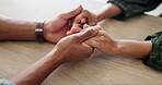 Forgiveness, holding hands or empathy and people in home together with support for grief, loss or pain. Comfort, love and trust with friends closeup in apartment for compassion, help or patience