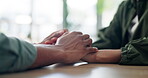 Holding hands, empathy or talking and people in home together with support for grief, loss or pain. Conversation, love and trust with friends closeup in apartment for compassion, help or patience