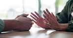 Conversation, hands or empathy and people in home together with support for grief, loss or pain. Forgiveness, love and trust with friends closeup in apartment for confession, honesty or sharing
