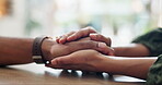 Comfort, holding hands or empathy and people in home together with support for grief, loss or pain. Forgiveness, love and trust with friends closeup in apartment for compassion, help or patience