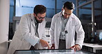 Scientist, people and meeting with touchscreen display for review, medical research or innovation. Night, interactive computer and clinical analysis for studying science data, teamwork and results