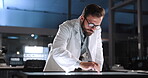 Man, scientist or interactive display in science for lab breakthrough, clinical trial or discovery. Night, medical study and checking results on technology for vaccine research, cure or development