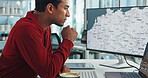 Engineer, wind farm and man on computer in office for turbine location or power grid connectivity. Clean energy, laptop and screen with world map for sustainable resource or windmill speed direction