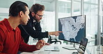 Men, map and computer screen with discussion for weather, environment and point for risk of wild fire. People, meteorology and planning with review of location for pattern at climate research agency