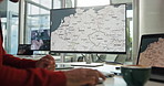 Business, computer screen and man with hands, maps for wind turbine and connection. Closeup, person and climate change expert in workplace, pc or research for ecology, renewable energy or process