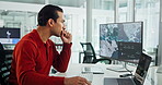 Business, computer and man in office, thinking and internet with climate change, research for ecology and concern. Person, professional and expert with pc, system to track weather patterns and worry