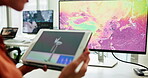 Windmill, hands and tablet screen with business person in office for planning, innovation and solution. Wind turbine model, sustainability and eco friendly map with employee for renewable energy