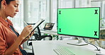 Green screen, computer and business woman on tablet for web design, research and ui software. Creative agency, tracking markers and person on tech for app development, ux and website on mockup space