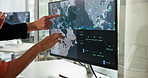 Hands, business people and computer screen with weather report, warning and climate change expert. Closeup, coworking and employees in workplace, pc and research for meteorology or update for tornado