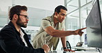 Engineer, computer or teamwork in office for brainstorming, windmill design or advice for renewable energy solution. People, tech or map in discussion for wind turbine development, idea or strategy