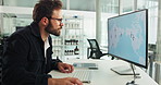 Office, businessman and computer with screen for map, location and information for research project. Career, male person and cartographer with tablet for windmill production, global change and review