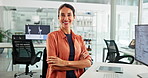 Face, business and woman in office, arms crossed and smile with confidence, climate change expert and pride. Portrait, happy person or employee in workplace, ecology research and eco friendly company