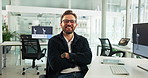 Face, business and man in office, arms crossed and smile with ecology research, climate change expert and pride. Portrait, happy person or employee in workplace, eco friendly company and confidence