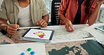 Hands, map and tablet with planning at office with review, pin and location for renewable energy plant. Partnership, people and graphs for environment, strategy or sustainability at climate agency