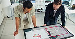 Business, people and interactive display with map in office of global choice, location and wind turbine project. Men, worldwide screen and sustainable planning, windmill production and site selection