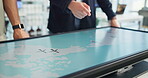 Hands, man and interactive display with map in office for global change, location and wind turbine project. People, explain and worldwide for sustainable planning, windmill production and development