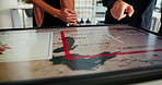 Man, explain and screen with map in office for global selection, location target and turbine project. People, monitor wind and weather with sustainable planning, windmill production and development