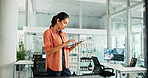 Tablet, contact and woman in office for email with sustainable report for agriculture management. Digital technology, communication and female environmental consultant with online review for company.