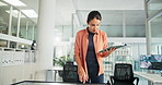 Tablet, office and woman with interactive display for research on weather patterns for update. Technology, review and female meteorologist working on climate change prediction with satellite data.