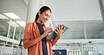Tablet, happy and woman in office for email with sustainable report for agriculture management. Digital technology, contact and female environmental consultant with online review for company.