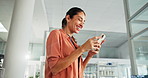 Phone, laughing and woman in office for email with sustainable report for agribusiness management. Cellphone, contact and environmental consultant with online review with client for company growth.
