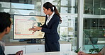 Business woman, presentation and wind turbine, sustainable idea and renewable energy in office. Data, meeting and team speaker, talk or global location for climate change project with map on screen