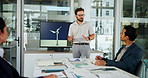 Presentation, meeting and business man with windmill talking for sustainability, innovation and renewable energy. Climate change, power farm and workers with wind turbine for electricity production
