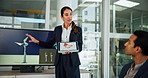 Meeting, tablet and business people with windmill in office for sustainability, innovation or renewable energy. Presentation, power and woman with workers with wind turbine for electricity production