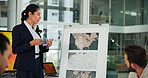 Whiteboard, world map and business woman in presentation with wind turbine location, renewable source and planning. Clean energy, professional and discussion with team for windmill speed direction