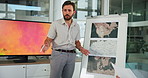 Map, presentation and speaker with business people in meeting for global launch, planning and project. Brainstorming, chart and market research analyst with employees for campaign pitch and team