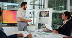 Whiteboard, world map or business man in presentation with wind turbine location, renewable source or innovation. Clean energy, engineer or discussion with team for windmill speed direction in office