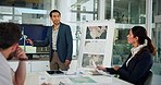Meeting, map and business people with windmill in office for sustainability, innovation and renewable energy. Climate change, farm location and workers with wind turbine for electricity production