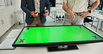 Hands, green screen and interactive display in office, planning or science with tracking markers. Business people, engineer and user experience with mockup space for review at neurotechnology company