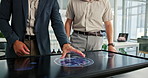 Hands, people and screen with interactive display, scan and user experience at biohacking startup. IT team, partnership and review with research, results and ui with brain at neurotechnology company