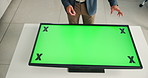 Green screen, planning and person with monitor, office and online for ad campaign with tech and hands. Tracking markers, mockup and checking target audience with app, employee and closeup on website