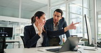 Laptop, research and teamwork with business people in office for report, review or update. Collaboration, conversation and pointing at computer with employee team at desk in workplace for discussion