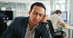 Business, tired and man in office, sleeping and exhausted with rest, overworked and investor. People, employees and low energy in workplace, financial advisor and fatigue with burnout, dream or relax