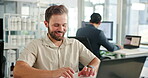 Smile, typing and laptop with business man in office for graphic designer, printing company and editor. Creative, research and online with person in media agency for reading, review and report