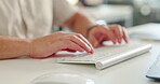 Keyboard, hands and person in office typing for business report, budget or communication. Mouse, contact and finance advisor with technology for productivity on financial administration task.