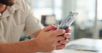 Business, hands and man in office, smartphone and communication with social media, copywriting and texting. Person, closeup and journalist in workplace, cellphone and digital app for email or message