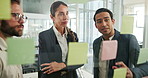 Woman, men and planning by glass with team, feedback or mind map for problem solving at startup. Business people, question and group by board for discussion, notes or strategy for solution at company