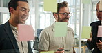 Man, notes and happy by glass with group, planning or mind map for problem solving at startup. People, discussion and smile with team by board for review, results and strategy for solution in office