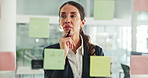 Business, thinking and glass wall with woman, decision or ideas for news article. Person, magazine editor or journalist with solution, sticky note or brainstorming with creativity, planning or choice