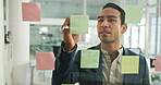 Office, businessman and writing with sticky note for ideas, brainstorming and project solution. Glass wall, male person and manager with mind map for planning, problem solving and creative strategy